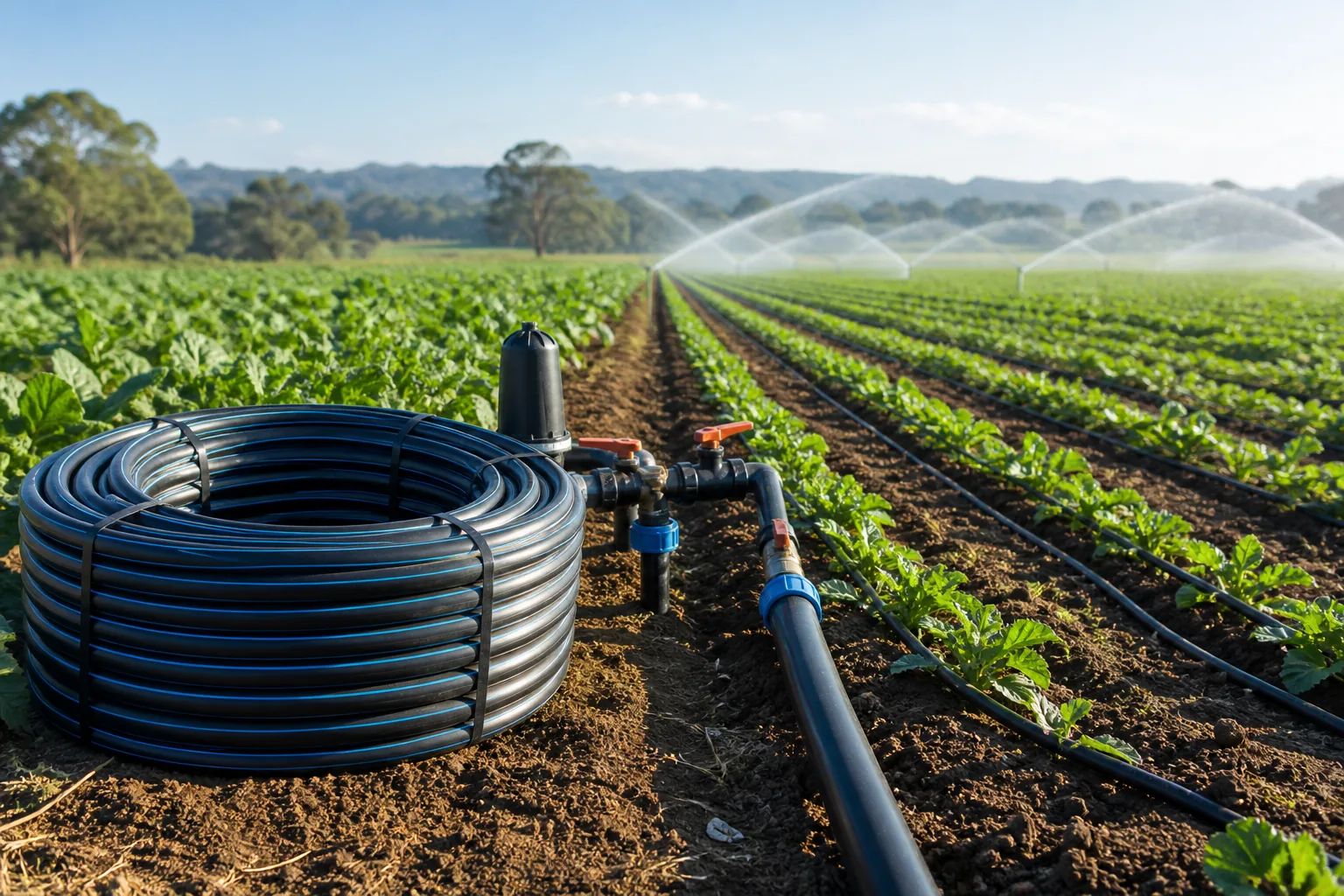 Coiled HDPE irrigation pipe connected to a farm irrigation manifold