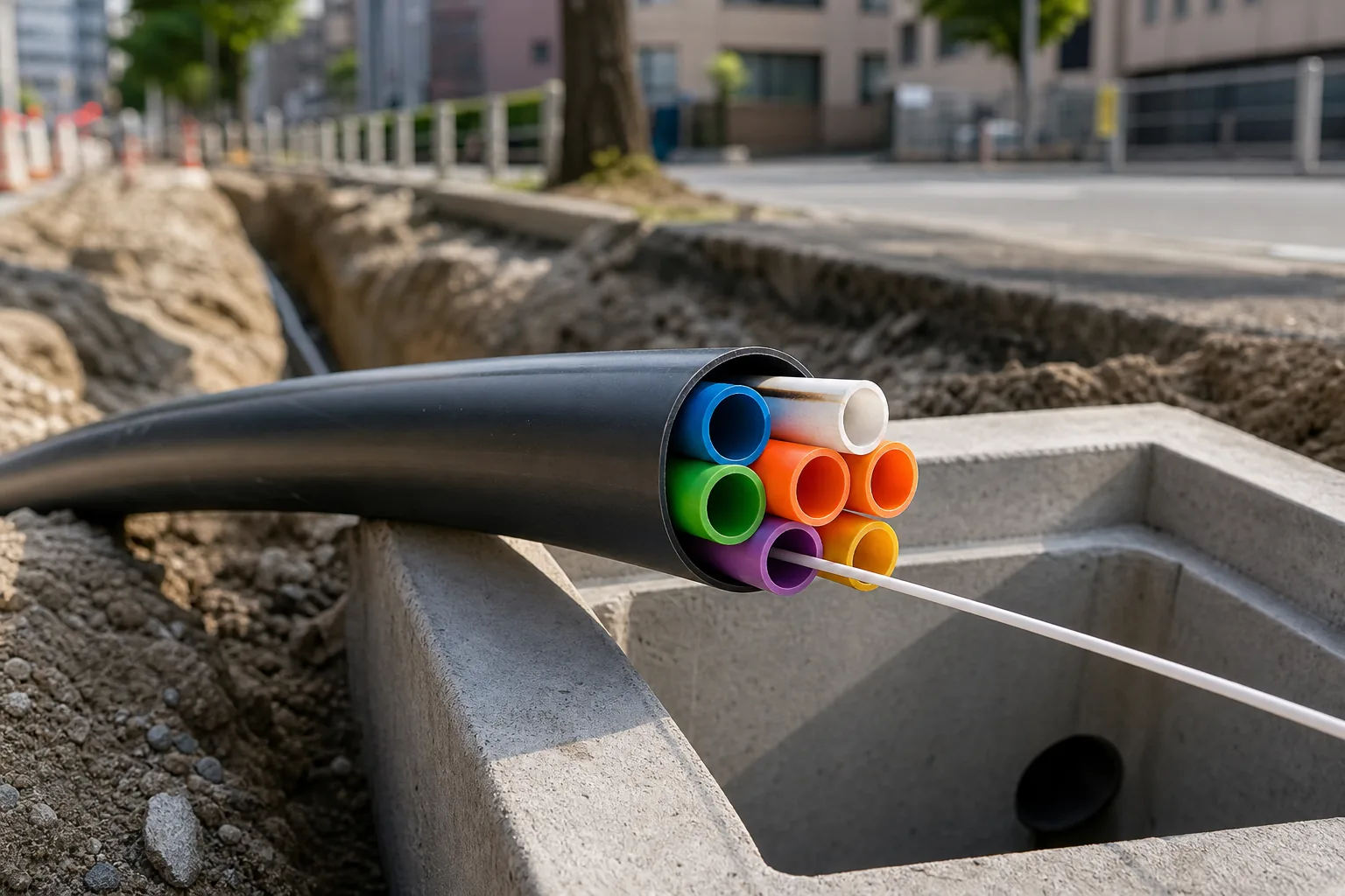 Colored HDPE telecom microducts inside a protective bundle pipe at an access chamber