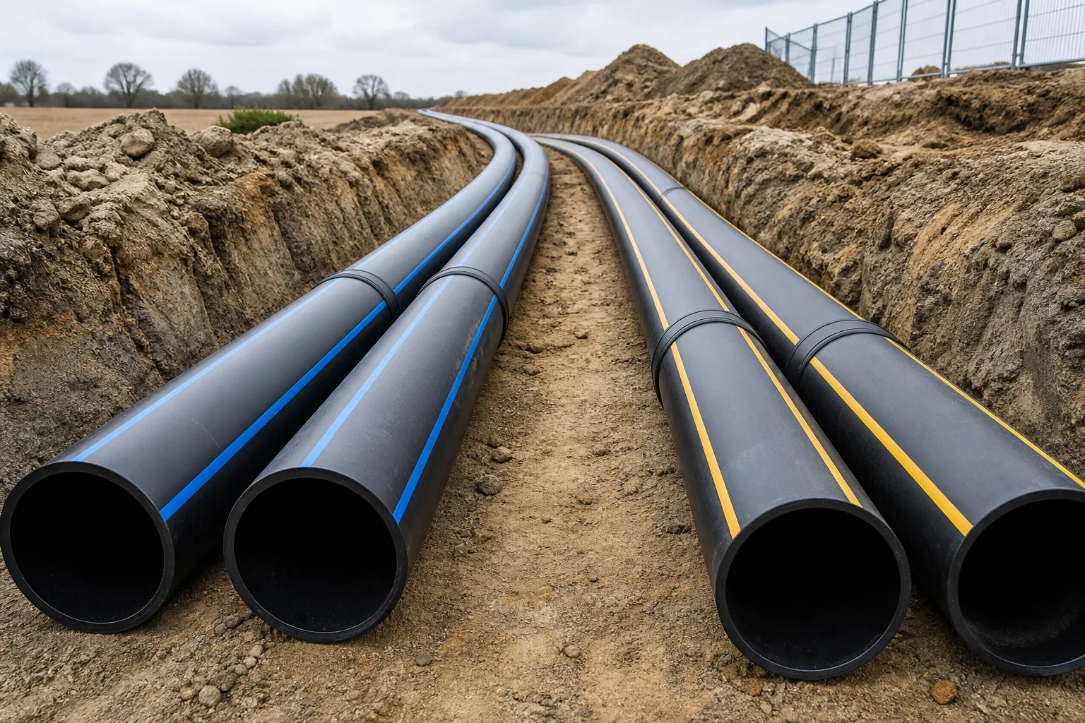 HDPE water and gas pipes with blue and yellow identification stripes in a utility trench