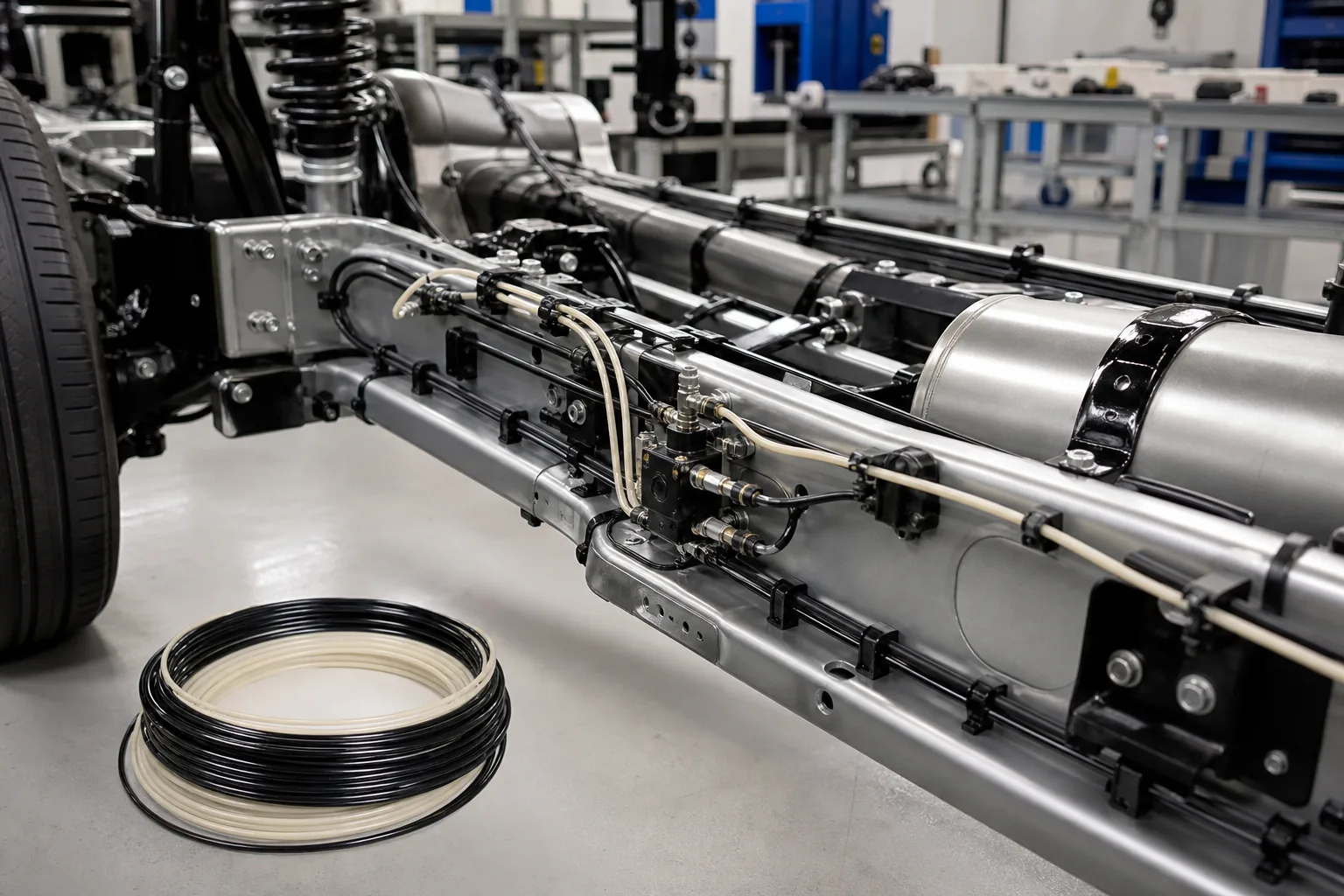 PA nylon tubes routed through an automotive chassis with a finished tube coil