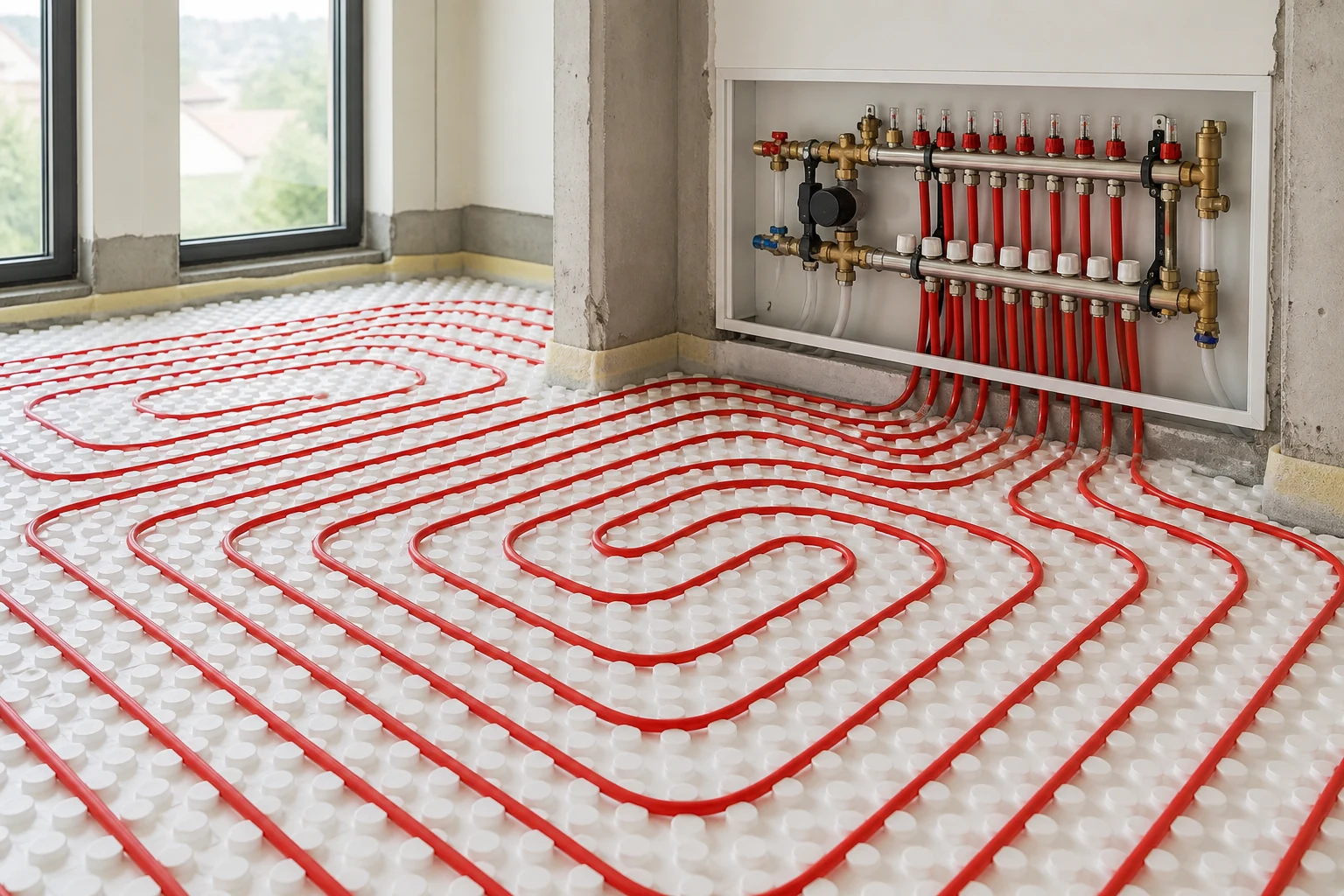 Red PE-RT and PEX underfloor heating pipe loops connected to a hydronic heating manifold