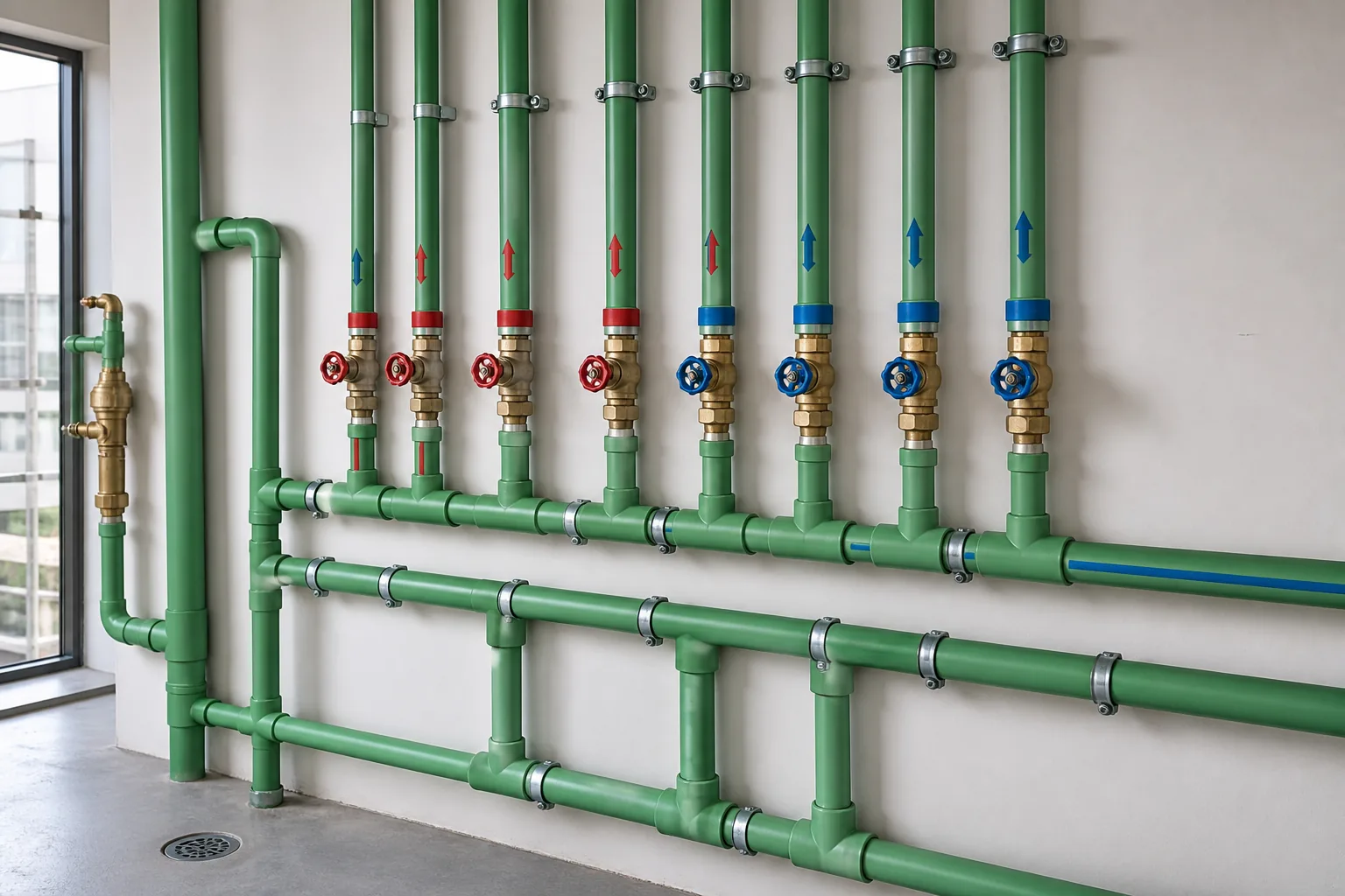 Installed green PPR hot and cold water pipes with red and blue identification