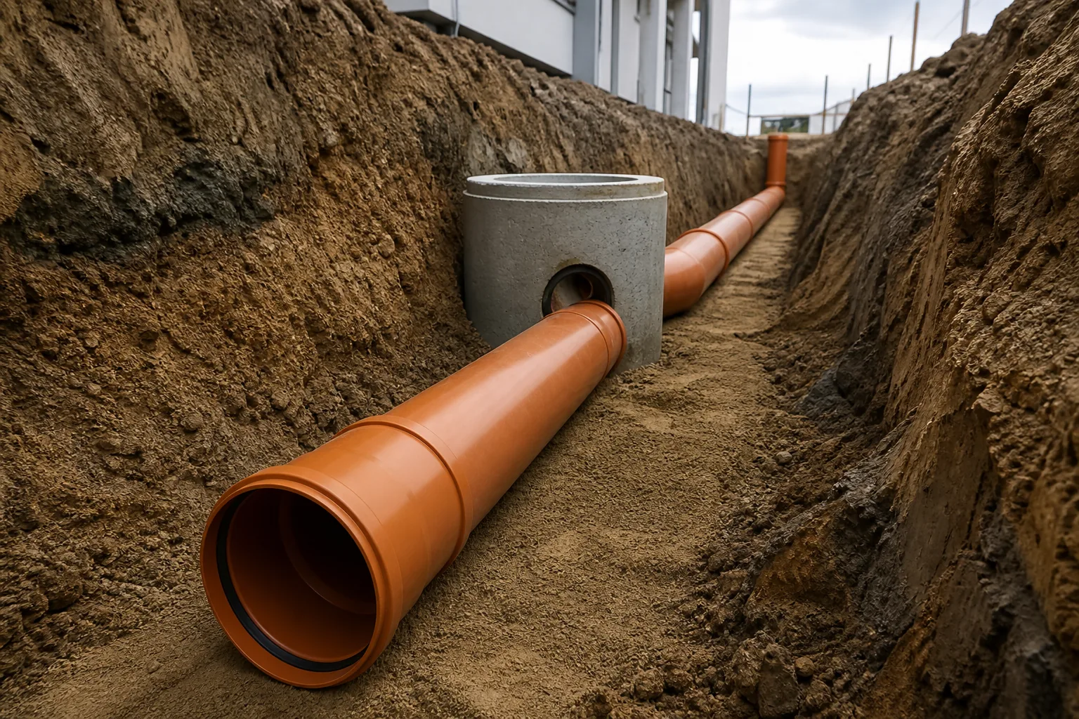 Socketed rigid PVC sewer pipes installed in a prepared trench