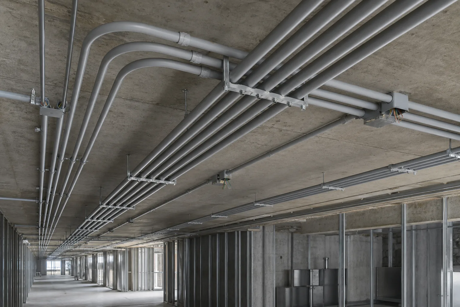 Rigid PVC electrical conduit installed in a commercial building