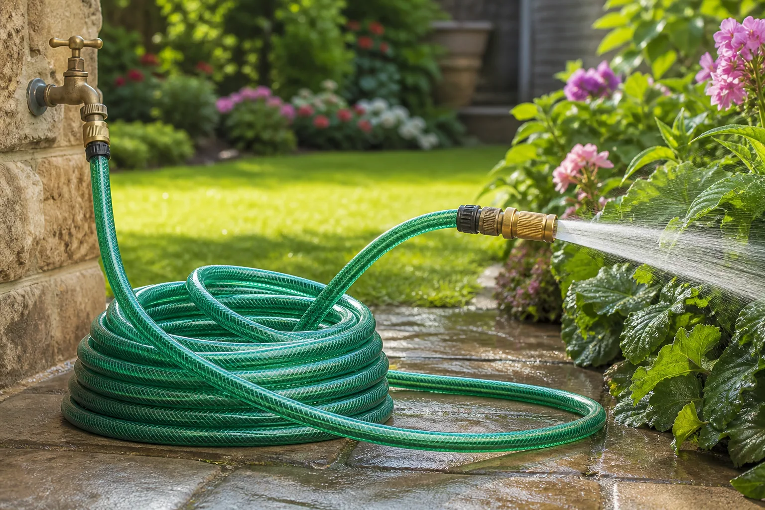 Transparent green fiber-reinforced PVC garden hose watering plants
