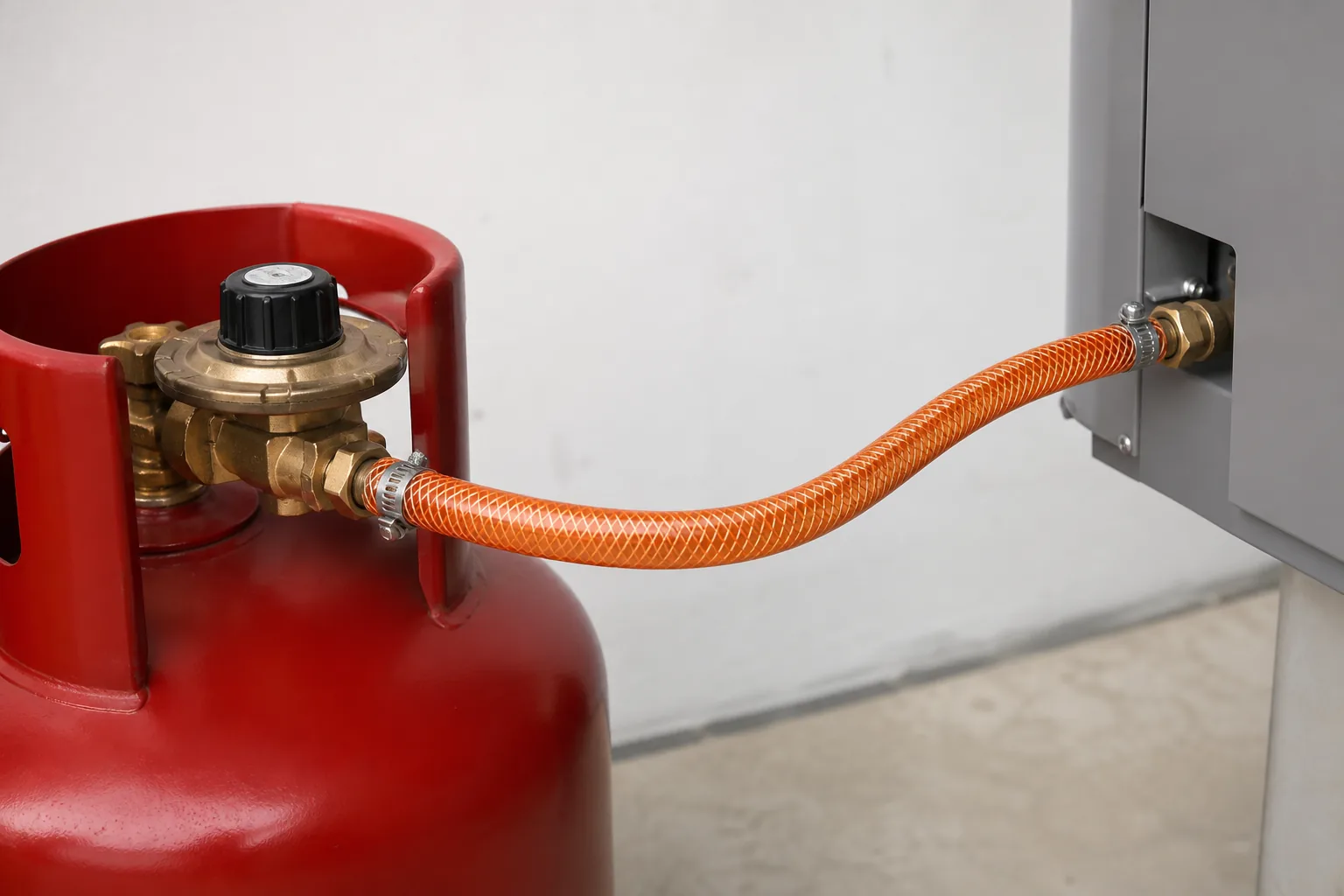 Orange fiber-reinforced PVC LPG hose connected with secure clamps and regulator