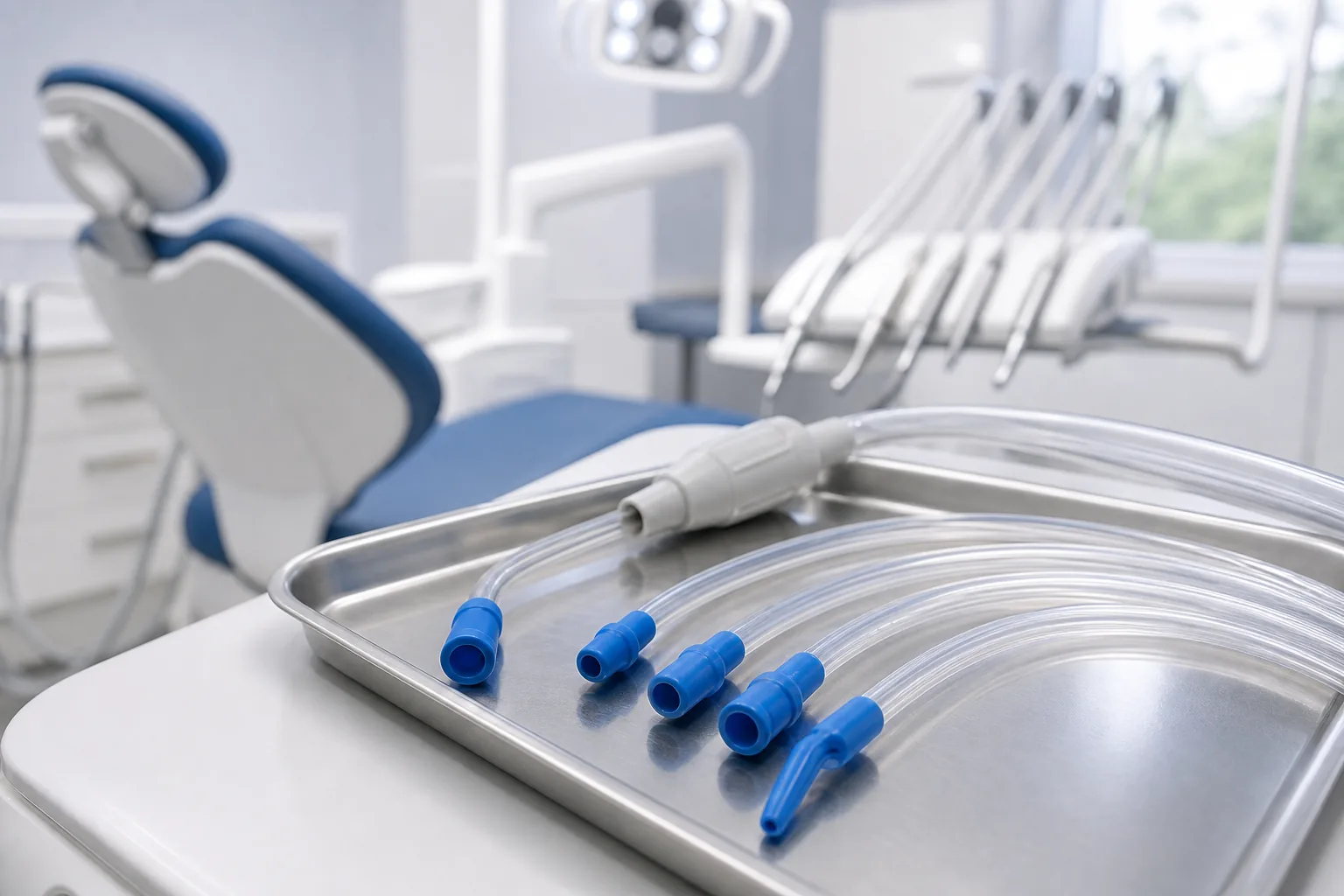 Transparent PVC dental suction tubes with blue tips on a sterile tray