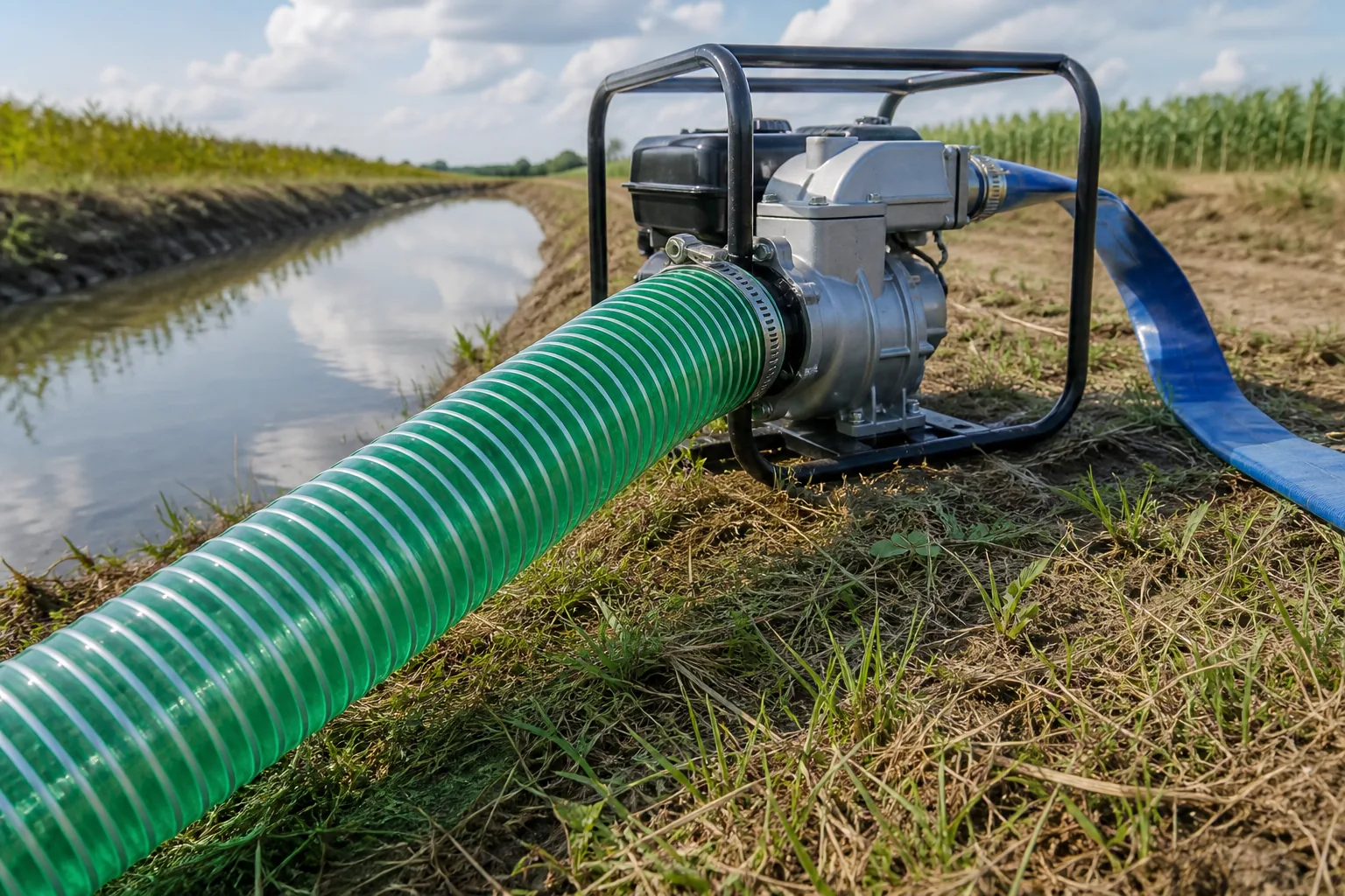 Green PVC spiral suction hose connected to an agricultural water pump