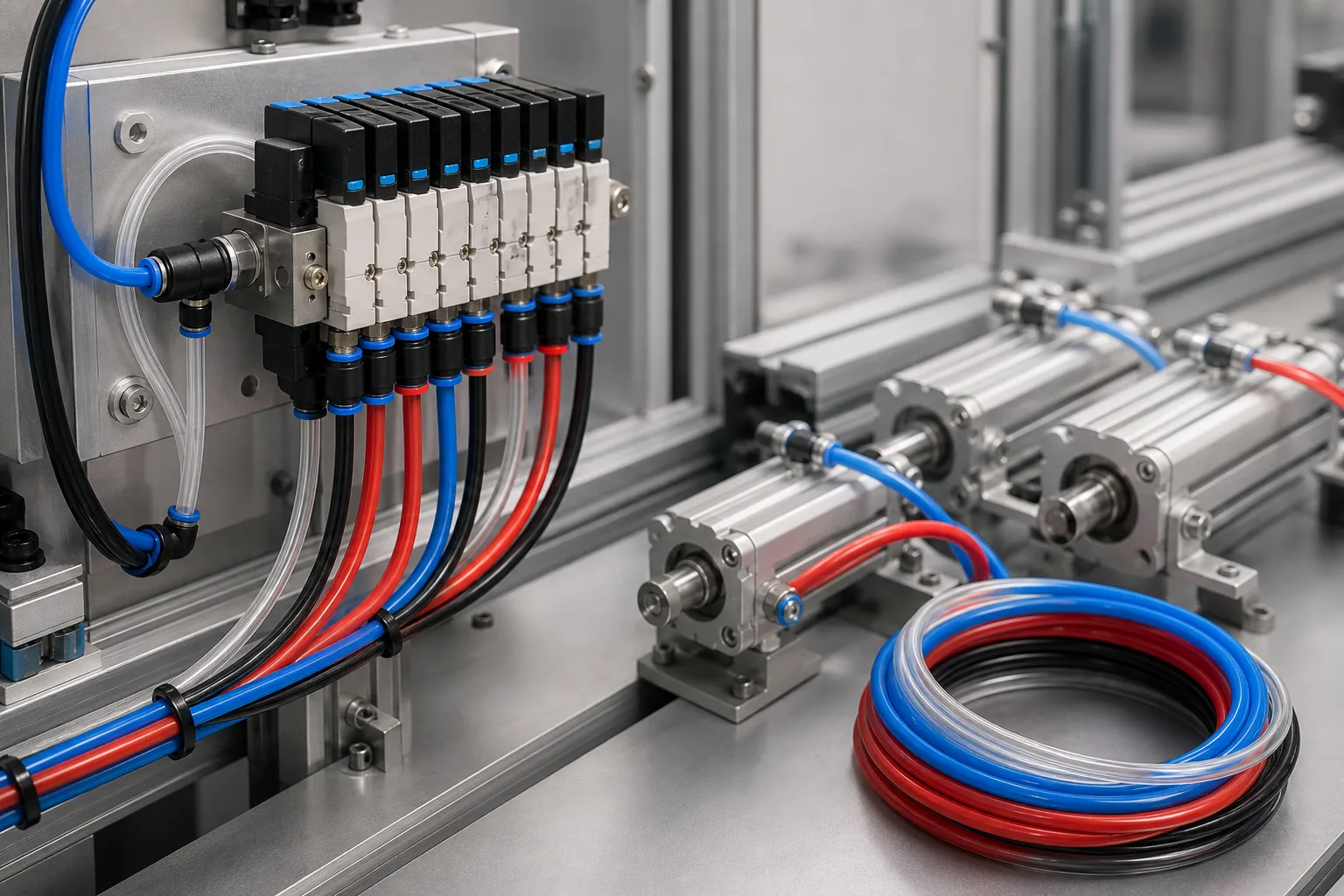 Colored TPU pneumatic tubes connected to an industrial automation valve manifold