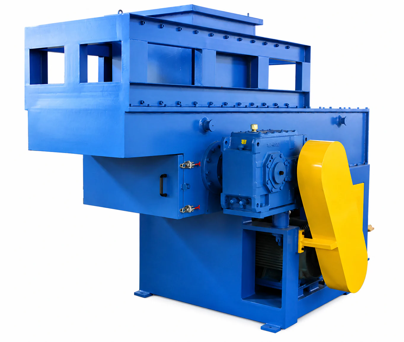 Blue industrial plastic pipe shredder with yellow drive guard