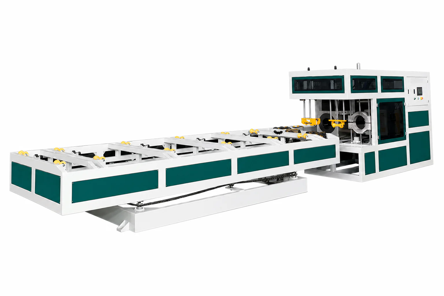 Automatic PVC pipe socket belling machine with white frame and green protective panels