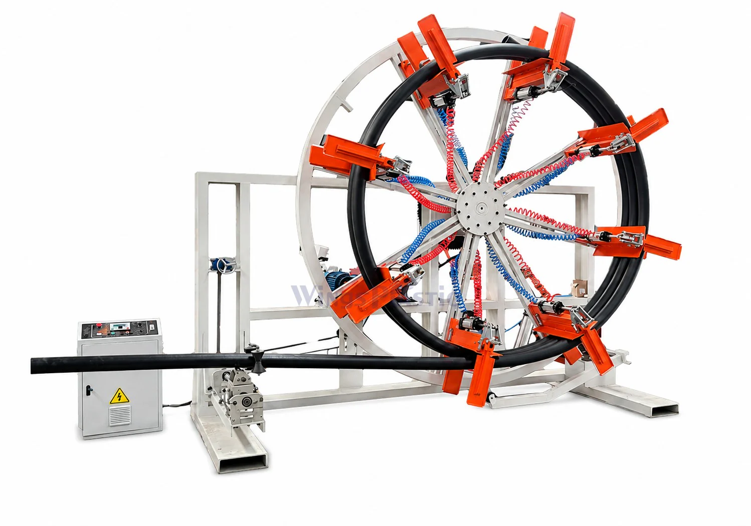 Automatic PE pipe coiler and winder with a completed black pipe coil