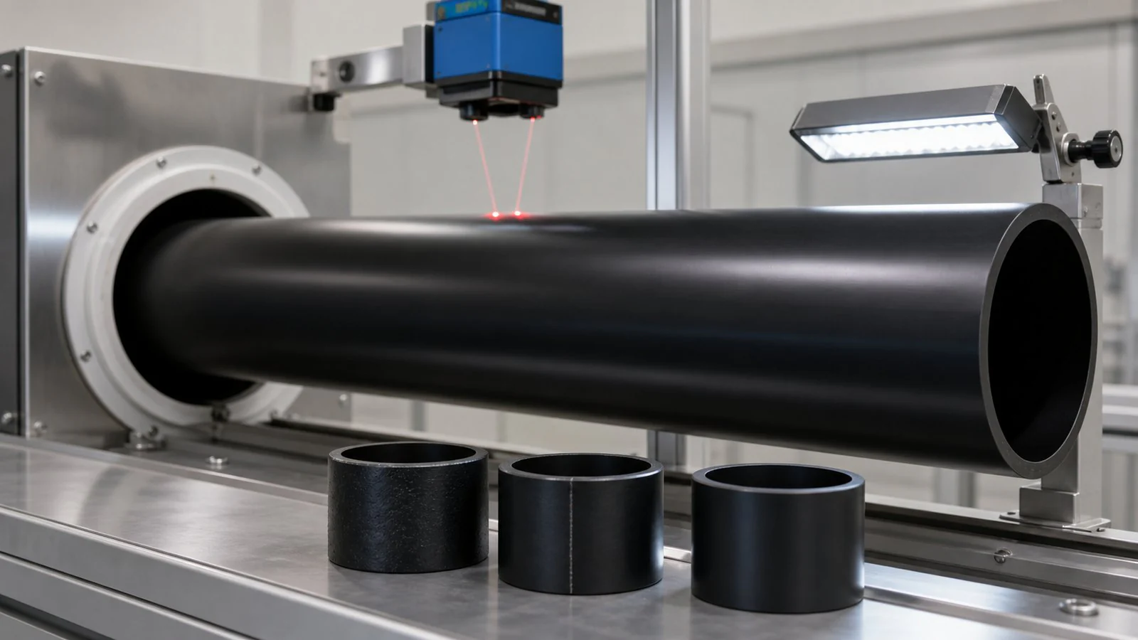 Smooth black HDPE pipe passing a laser diameter gauge with reference surface-quality samples