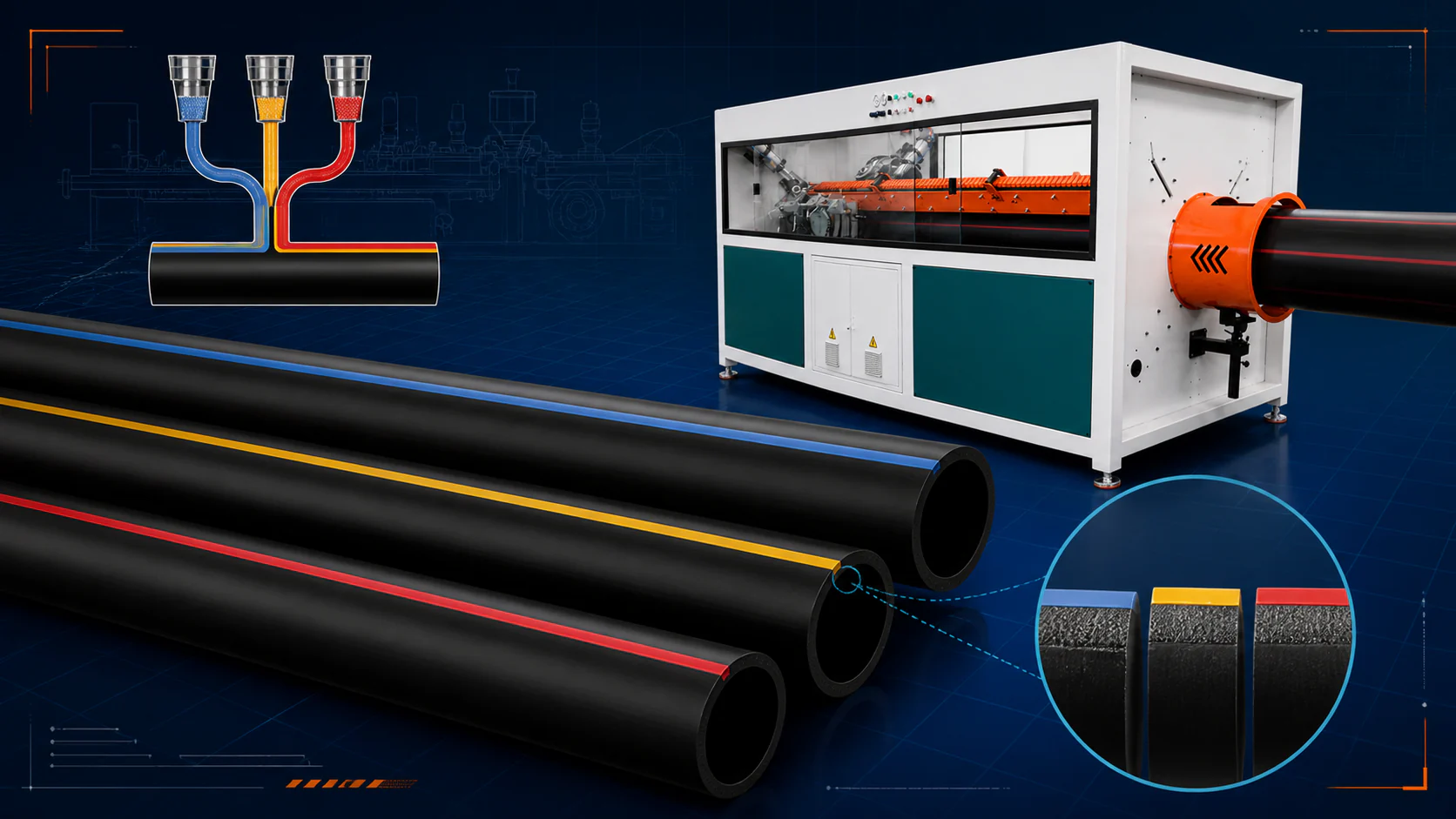 Engineering poster showing blue, yellow and red identification stripes on black PE pipe