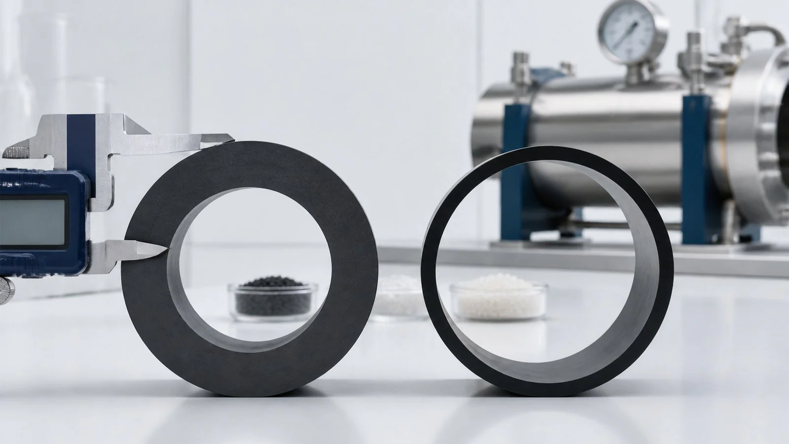 Two PE pressure-pipe cross-sections with the same outside diameter and different wall thicknesses measured in a laboratory