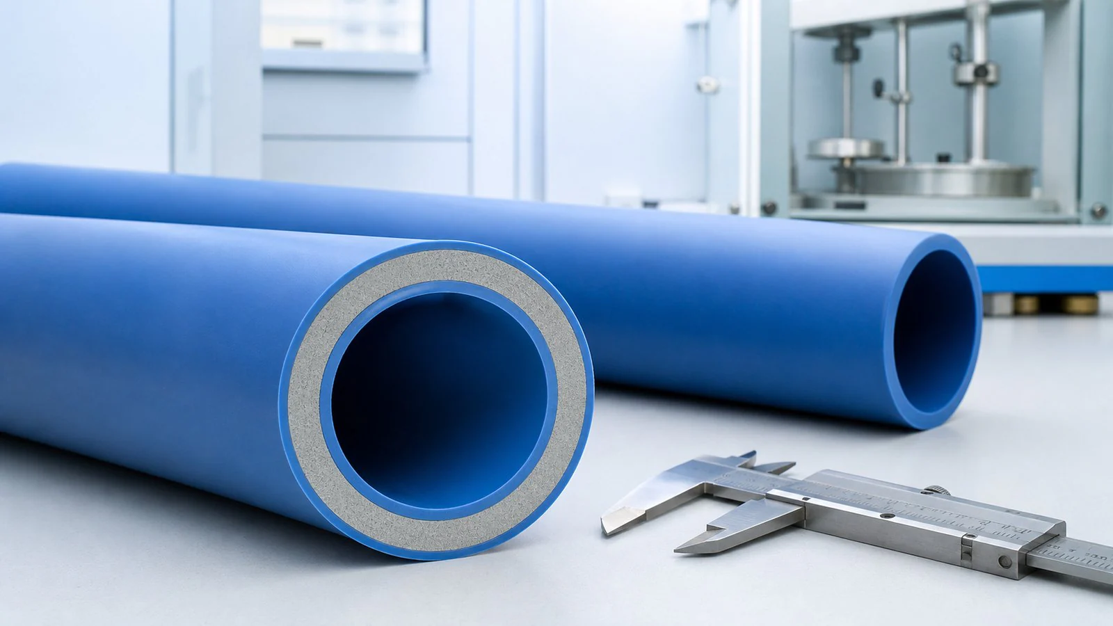 Three-layer PPR-GF-PPR pipe cross-section with pure PP-R skins and a glass-fibre-reinforced PP-R middle layer